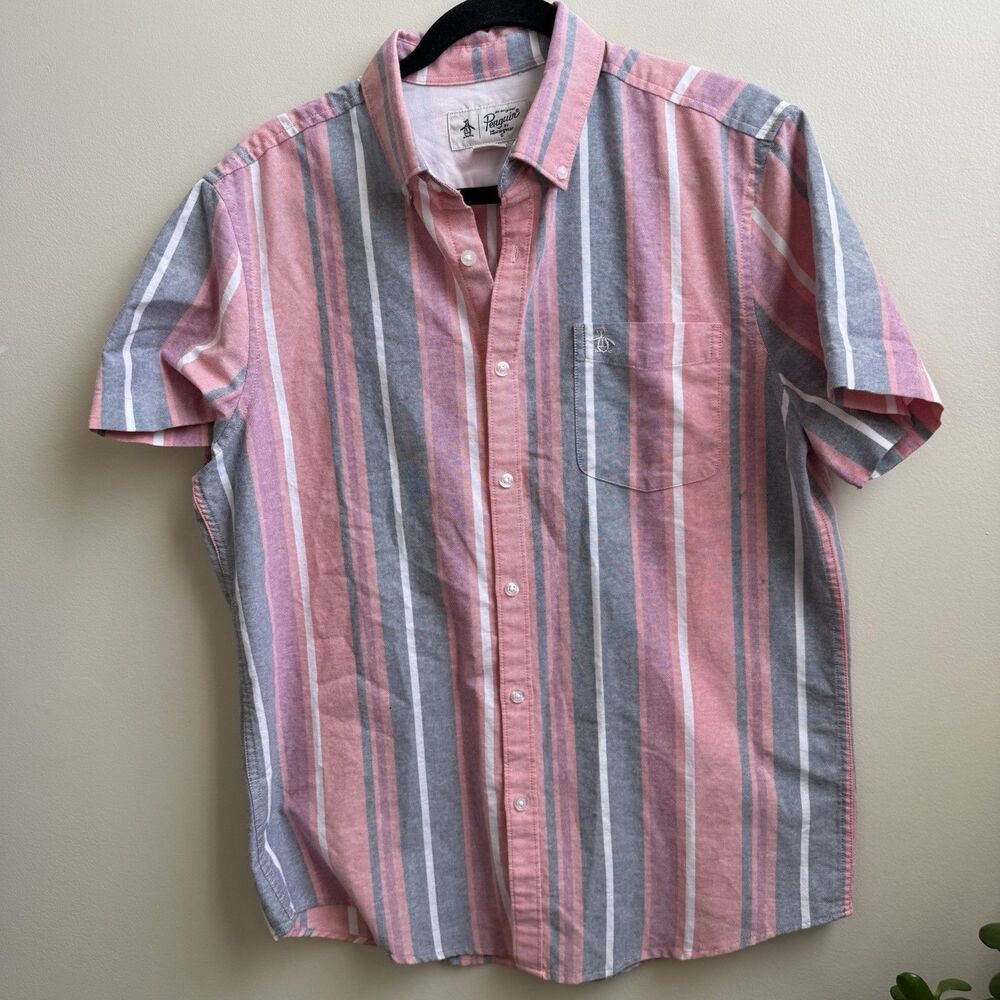 Original Penguin Men's M Pink Coastal Striped Short Sleeve Oxford Shirt
